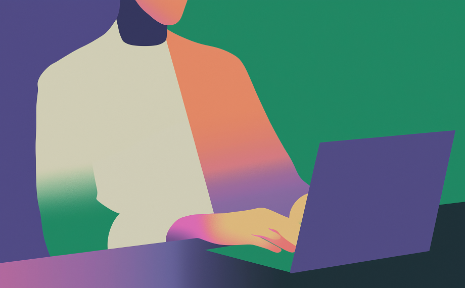 Abstract illustration of a person typing on a laptop, with vibrant gradient colors and simplified shapes on a green and purple background, representing themes like drafting a contract of adhesion.