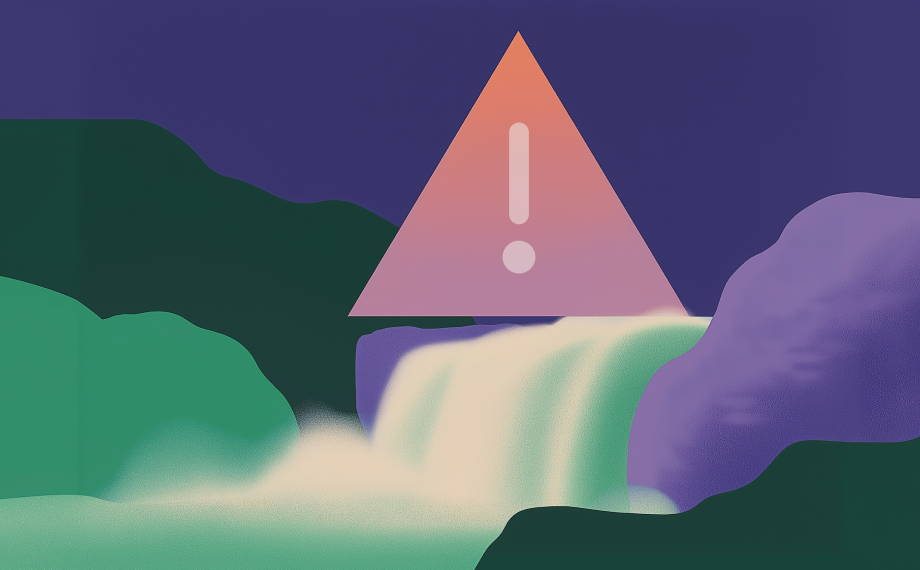 An abstract illustration of a waterfall flowing between green and purple rocks, with a large pink warning triangle containing an exclamation mark—symbolizing an indemnity agreement—placed over the waterfall, set against a dark purple background.