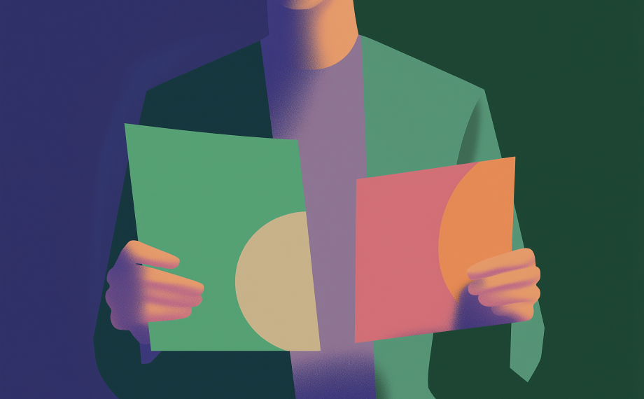 A person holding two colorful papers—one green with a cream semicircle and one pink with an orange semicircle—visually compares nda vs confidentiality agreement against a dark, abstract background.