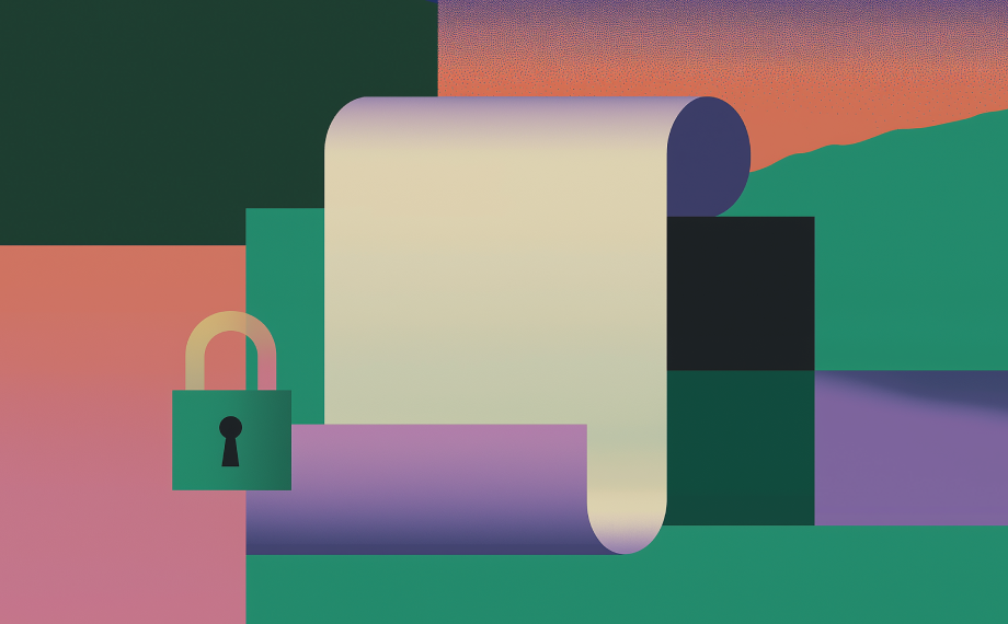 Abstract illustration featuring a scroll of paper and a padlock on a background of colorful geometric shapes in green, pink, purple, and orange tones, symbolizing the best privacy policy protection.