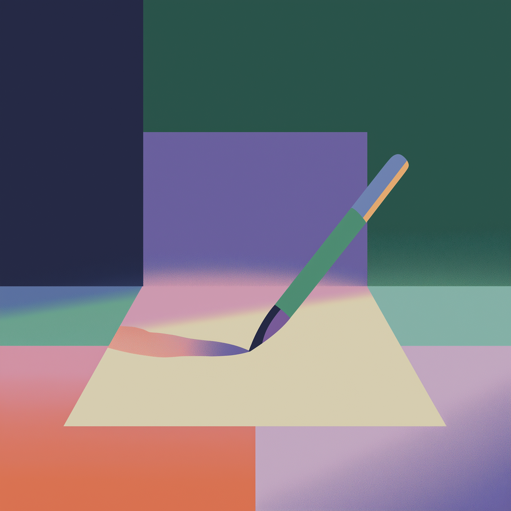 A stylized, abstract illustration of a pen poised on a sheet of paper, casting a colorful shadow—perfect for buy-side professionals. The background features geometric shapes in shades of green, purple, orange, and blue.