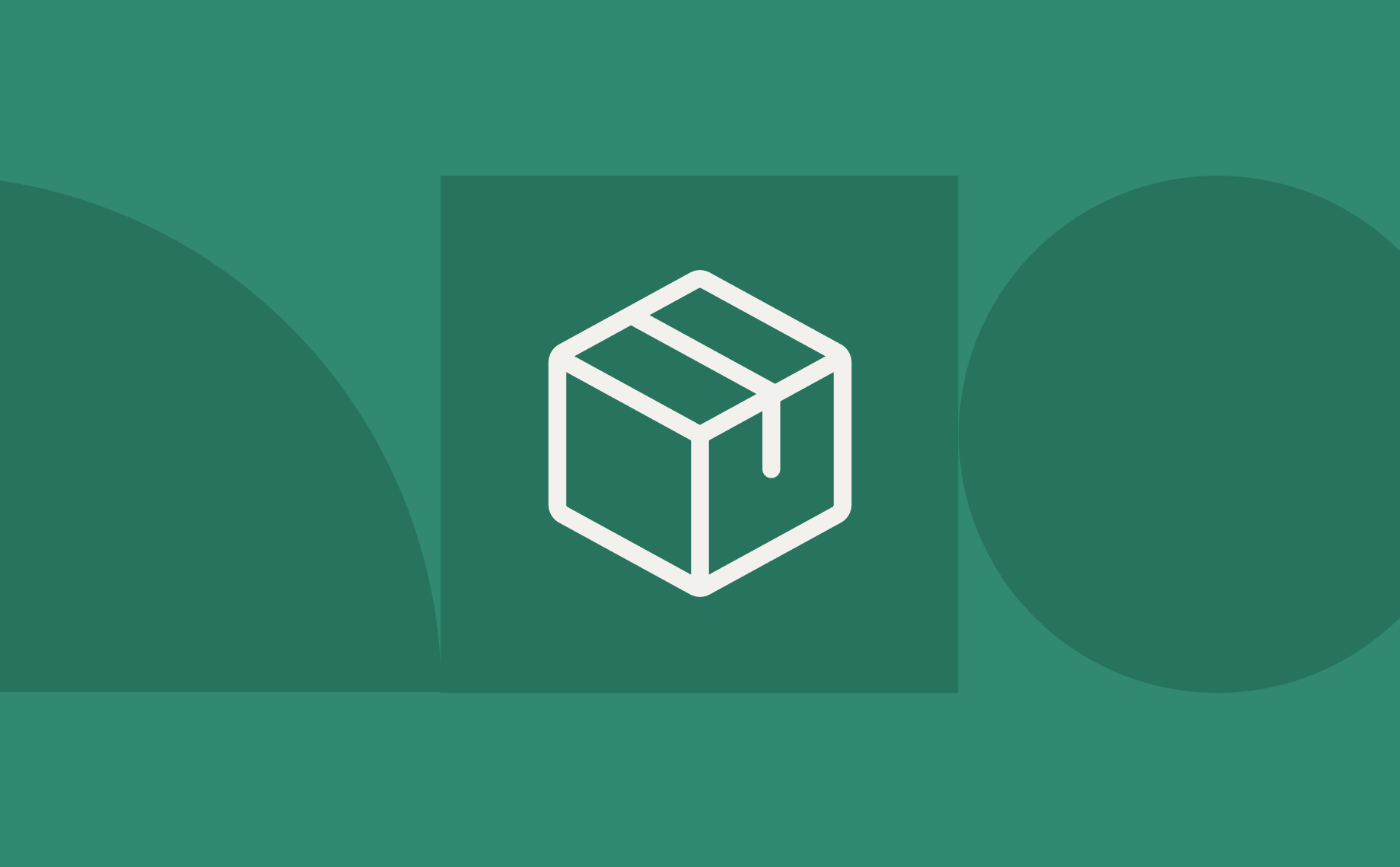 A white, minimalist box icon is centered on a green background with geometric shapes, including a semicircle on the left and a circle on the right.